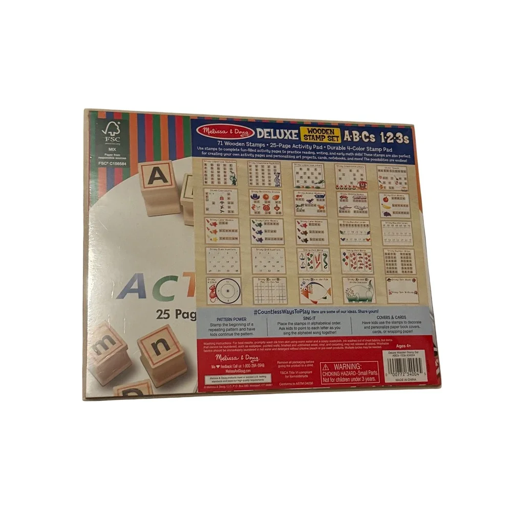 Melissa & Doug Deluxe Wooden Stamp Set ABCs 123s 71 Stamps 25 Page Activity‎ Pad